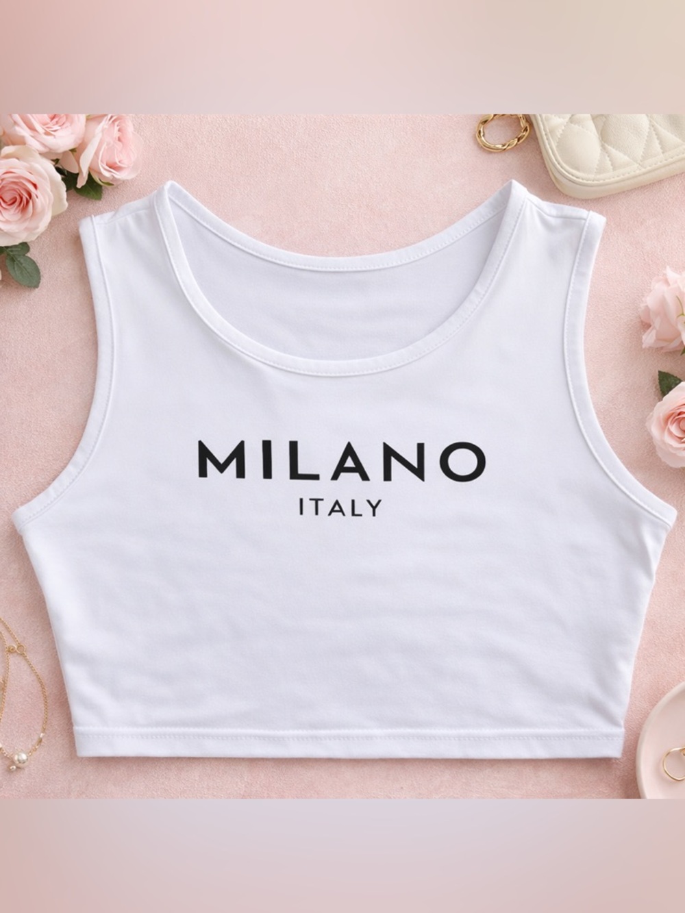Milano Italy White Crop Tank Top Women’s Medium Y2K Minimalist Graphic Aesthetic - Picture 9 of 9